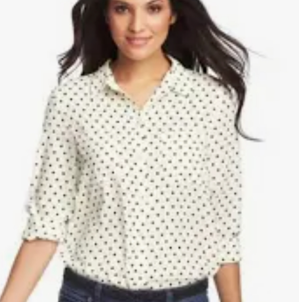 -LOFT Monochrome Speckled Black Patterned Blouse.  3/4 Button Cotton& Silk Blend